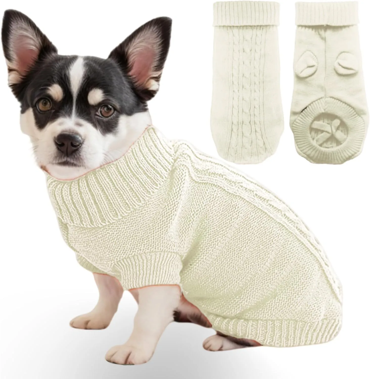 Small Dog Sweater with Hind Leg Straps & Knit Turtleneck, Winter Warm Dog Clothes for Small Dogs and Cats, Pet Sweater for Bulldog, Chihuahua, Yorkie, Pug, Kitten (White Dog Sweater, XS)