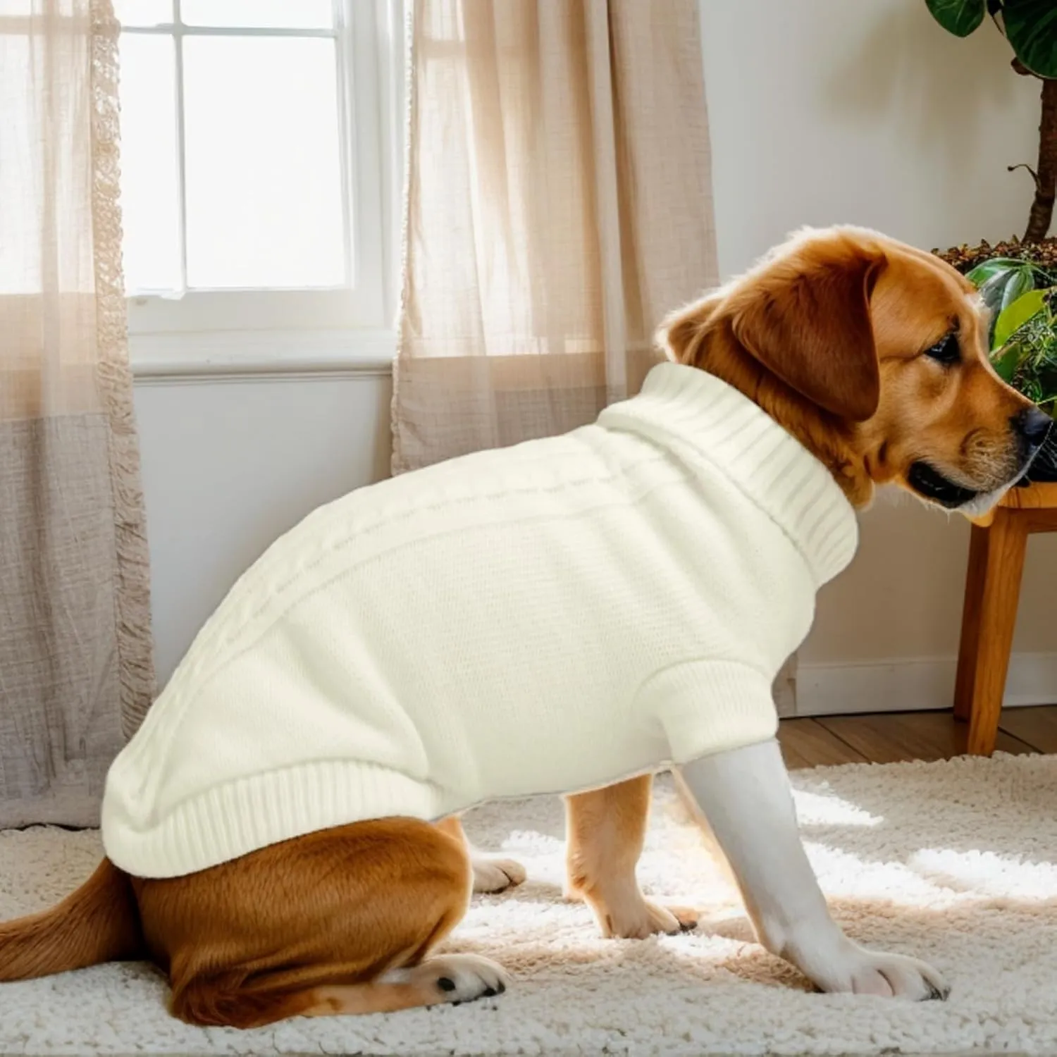 Small Dog Sweater with Hind Leg Straps & Knit Turtleneck, Winter Warm Dog Clothes for Small Dogs and Cats, Pet Sweater for Bulldog, Chihuahua, Yorkie, Pug, Kitten (White Dog Sweater, XS)