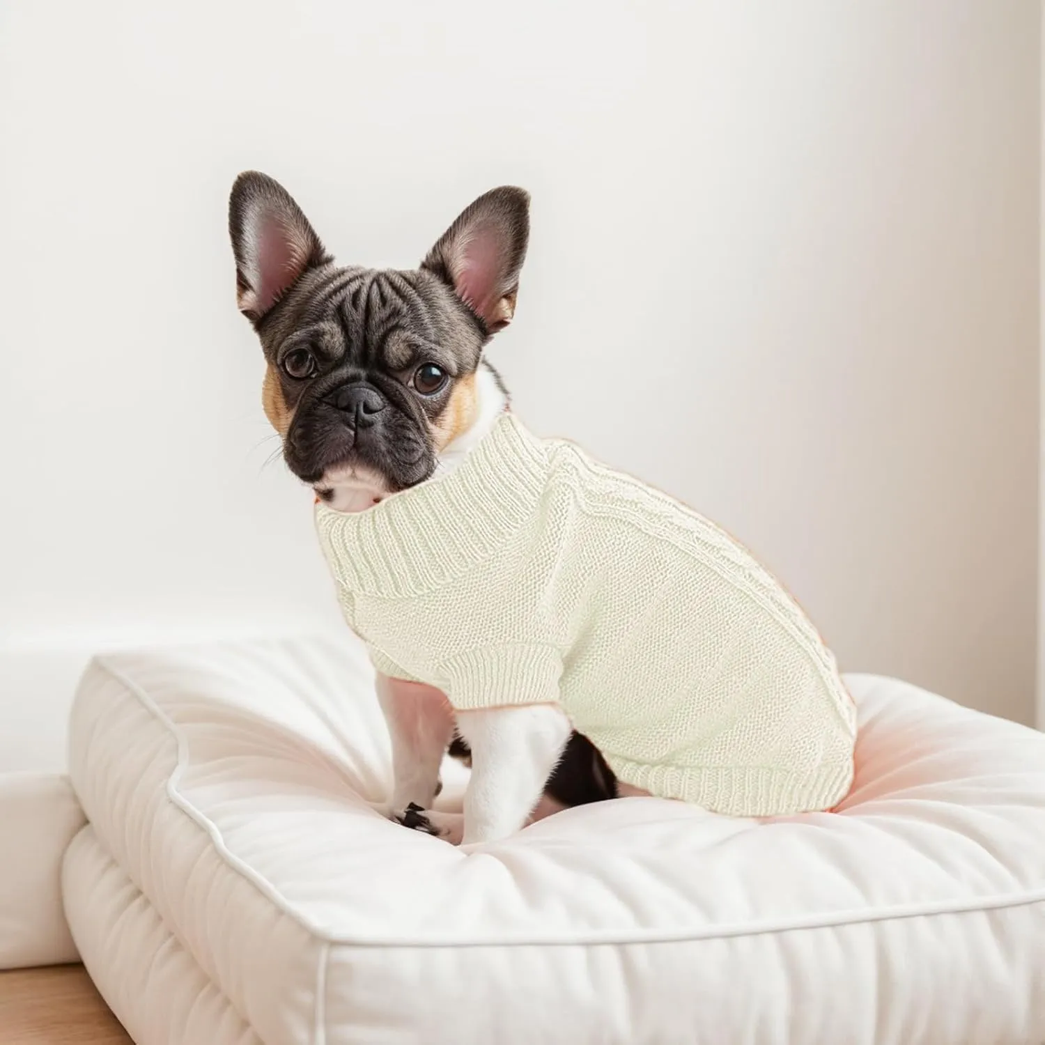 Small Dog Sweater with Hind Leg Straps & Knit Turtleneck, Winter Warm Dog Clothes for Small Dogs and Cats, Pet Sweater for Bulldog, Chihuahua, Yorkie, Pug, Kitten (White Dog Sweater, XS)