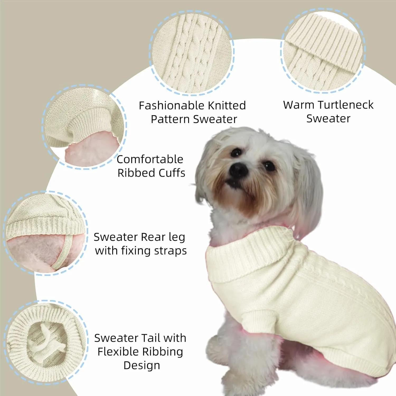 Small Dog Sweater with Hind Leg Straps & Knit Turtleneck, Winter Warm Dog Clothes for Small Dogs and Cats, Pet Sweater for Bulldog, Chihuahua, Yorkie, Pug, Kitten (White Dog Sweater, XS)