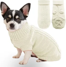 Small Dog Sweater with Hind Leg Straps & Knit Turtleneck, Winter Warm Dog Clothes for Small Dogs and Cats, Pet Sweater for Bulldog, Chihuahua, Yorkie, Pug, Kitten (White Dog Sweater, XS)
