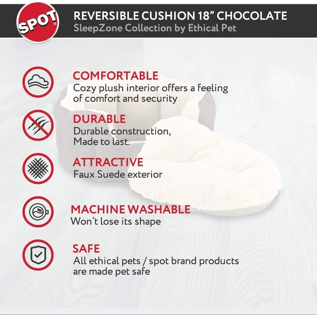 SPOT Sleep Zone Small Pet Bed - High Wall, Reversible Cushion Bed for Indoor Cats & Small Dogs, Durable Faux Suede, Machine Washable for Pets Under 10lbs and 15 inches Long - 18x16in, Chocolate Brown