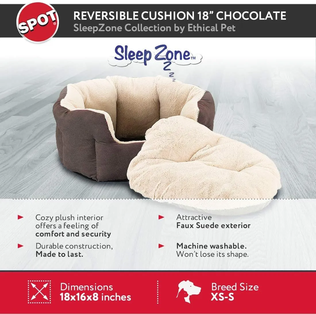 SPOT Sleep Zone Small Pet Bed - High Wall, Reversible Cushion Bed for Indoor Cats & Small Dogs, Durable Faux Suede, Machine Washable for Pets Under 10lbs and 15 inches Long - 18x16in, Chocolate Brown