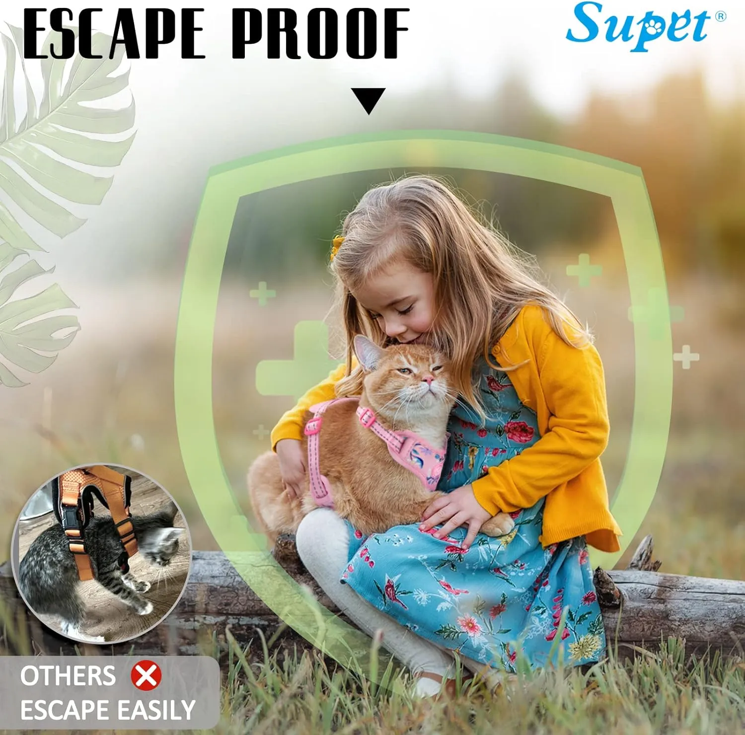 Supet Cat Harness and Leash Escape Proof for Walking, Adjustable Cat Vest Harness and Leash Set for Large and Small Kittens Dogs