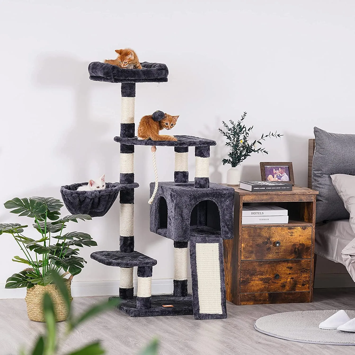 The Ultimate Cat Adventure Tree with Scratching Board, Multi-Level Cat Furniture Condo with Feeding Bowl