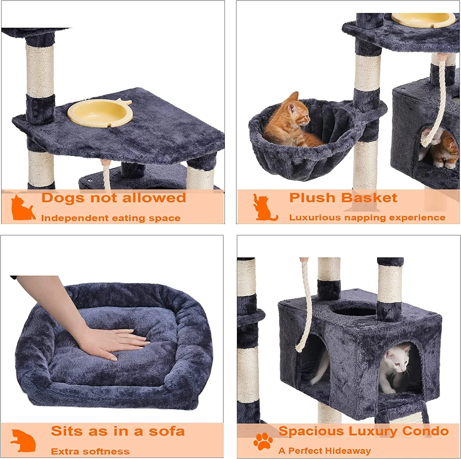 The Ultimate Cat Adventure Tree with Scratching Board, Multi-Level Cat Furniture Condo with Feeding Bowl