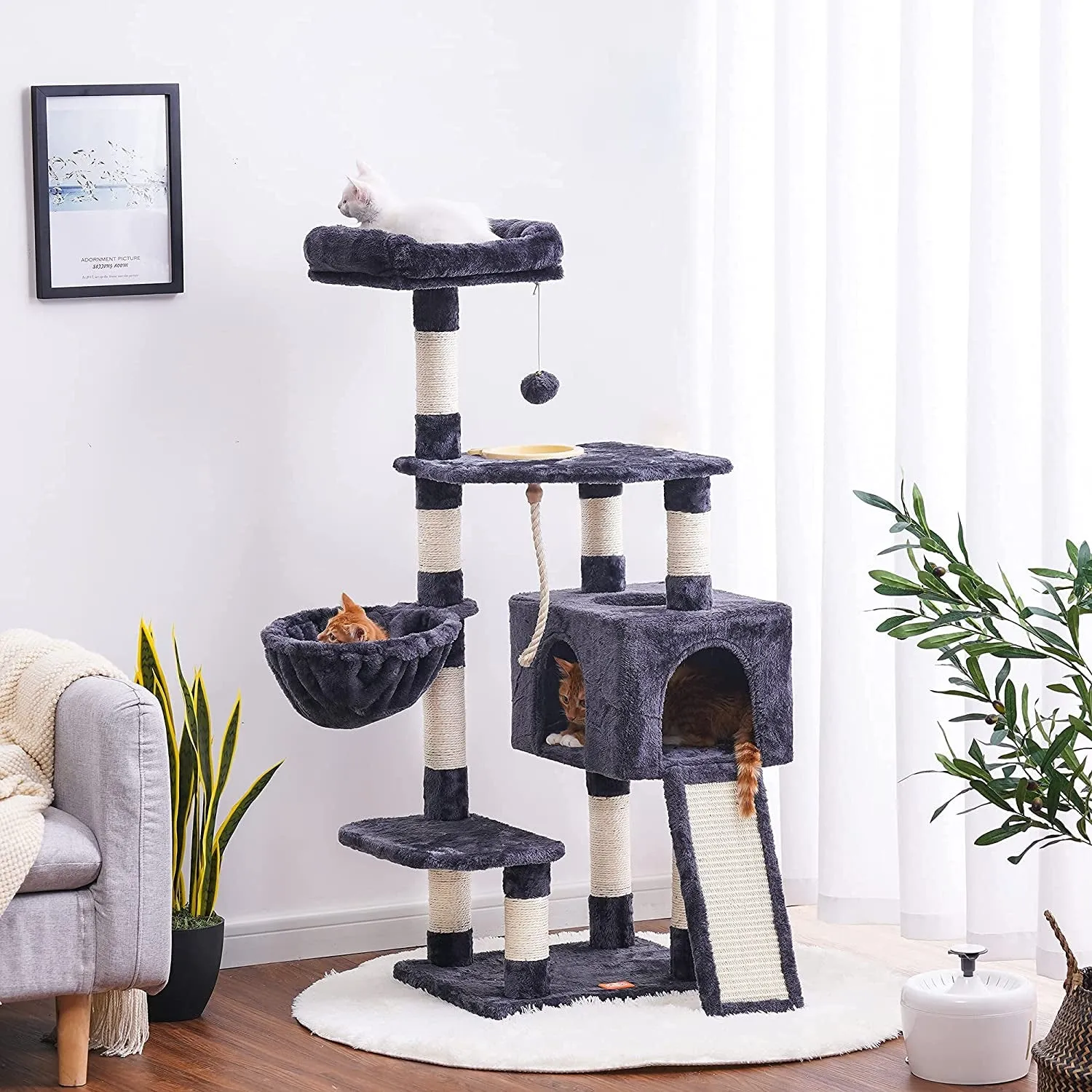 The Ultimate Cat Adventure Tree with Scratching Board, Multi-Level Cat Furniture Condo with Feeding Bowl