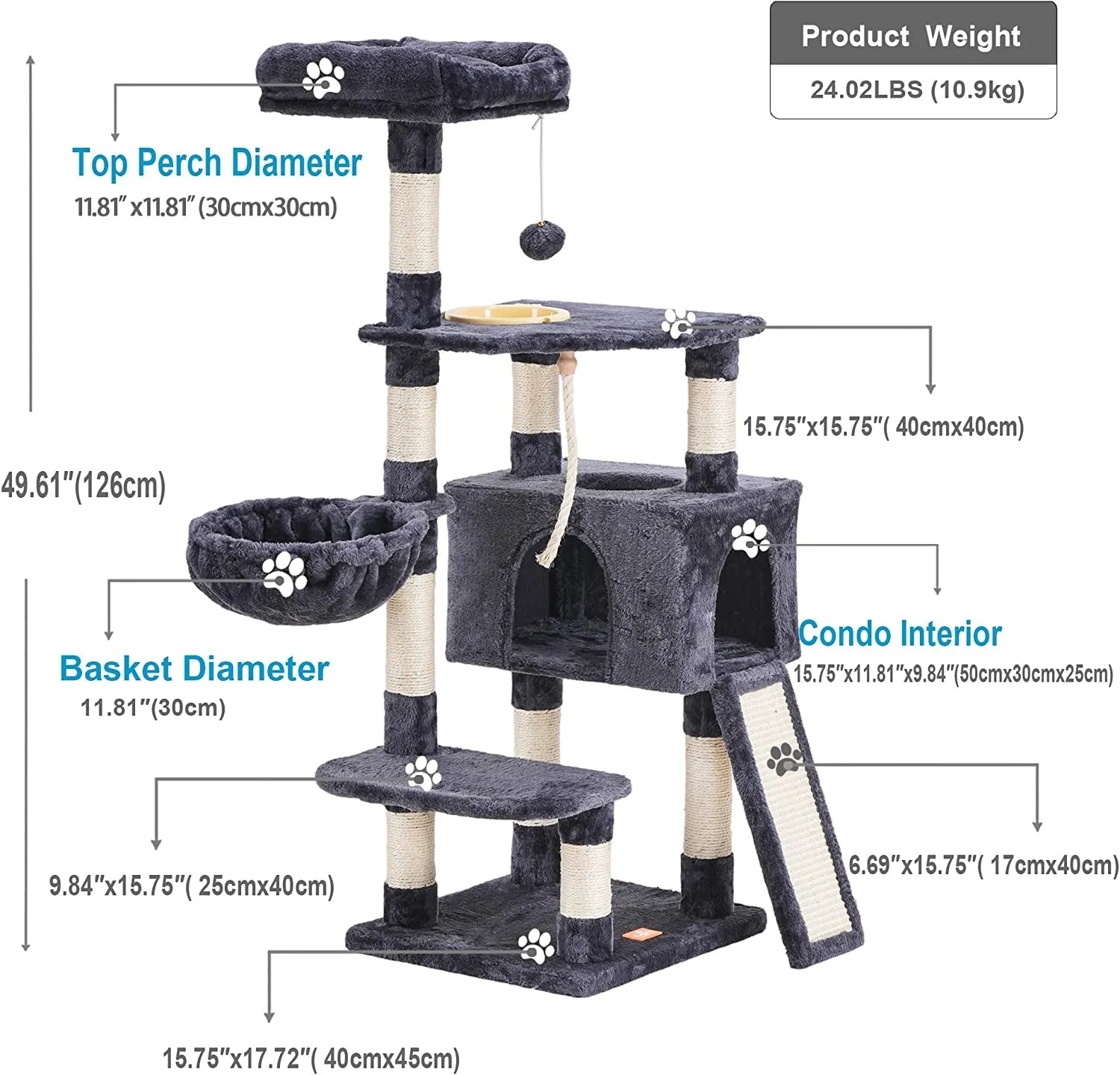 The Ultimate Cat Adventure Tree with Scratching Board, Multi-Level Cat Furniture Condo with Feeding Bowl