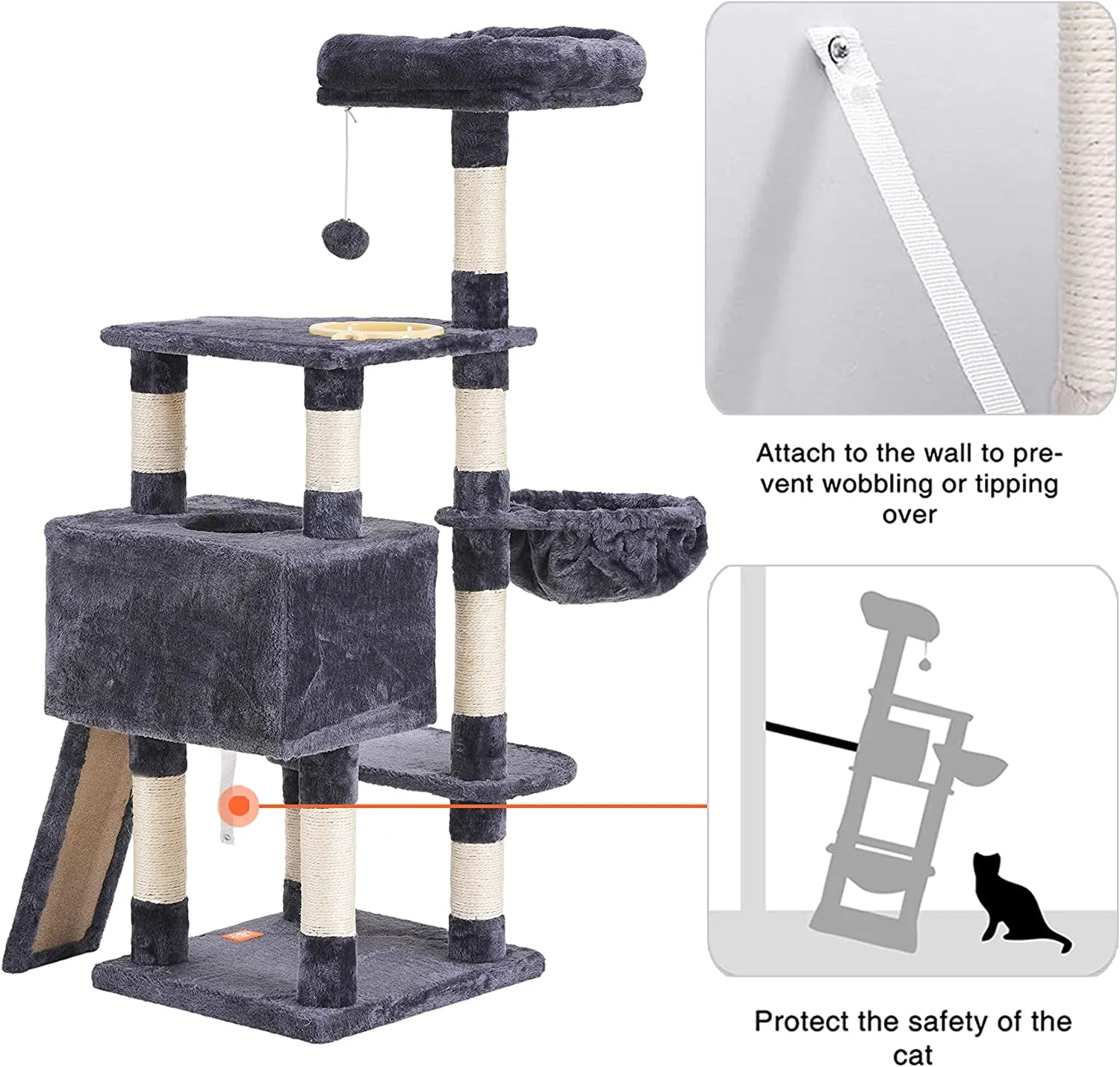 The Ultimate Cat Adventure Tree with Scratching Board, Multi-Level Cat Furniture Condo with Feeding Bowl