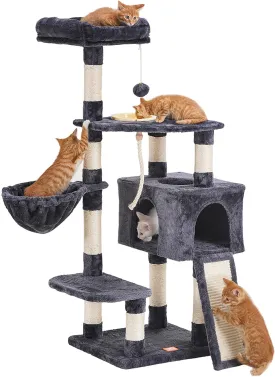 The Ultimate Cat Adventure Tree with Scratching Board, Multi-Level Cat Furniture Condo with Feeding Bowl