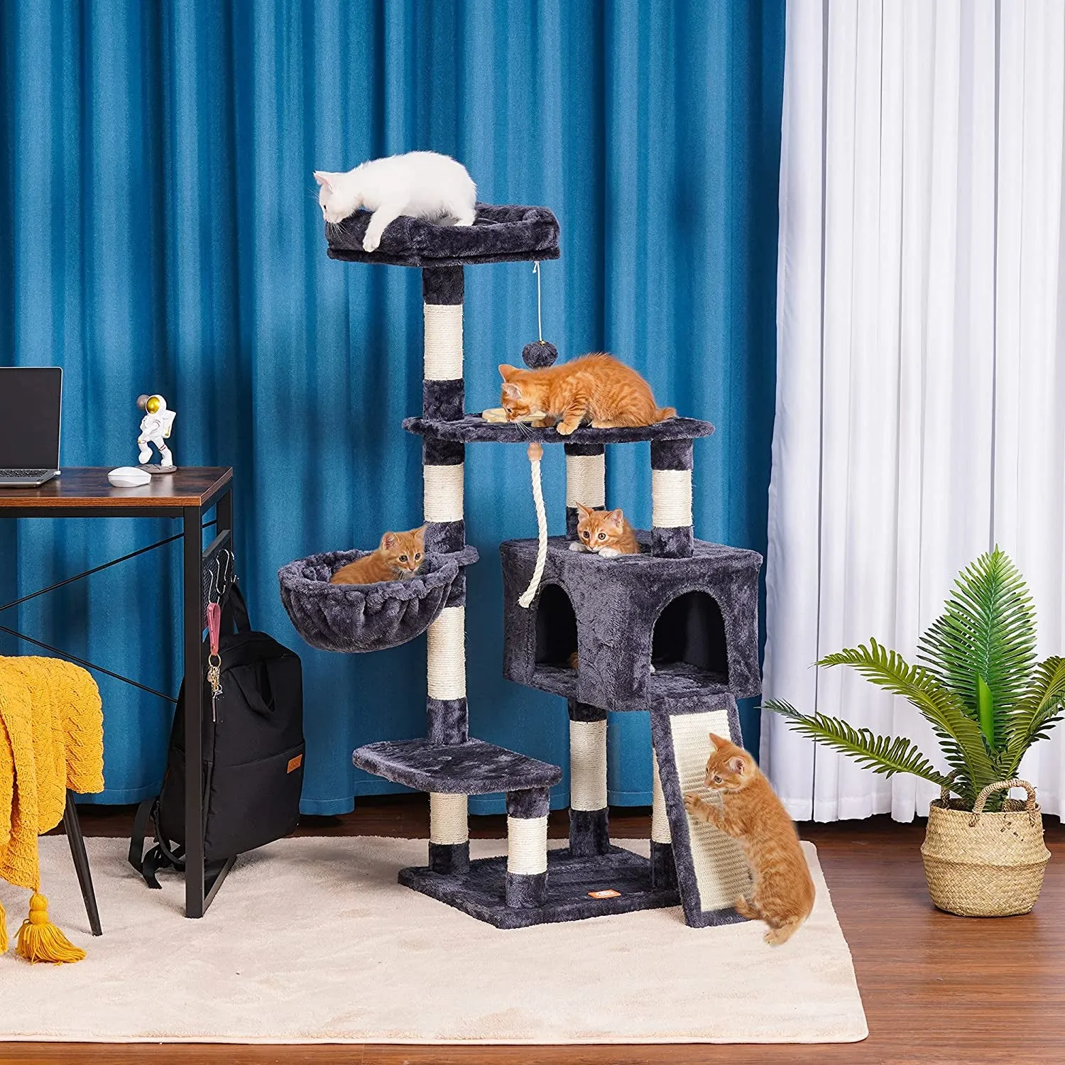 The Ultimate Cat Adventure Tree with Scratching Board, Multi-Level Cat Furniture Condo with Feeding Bowl