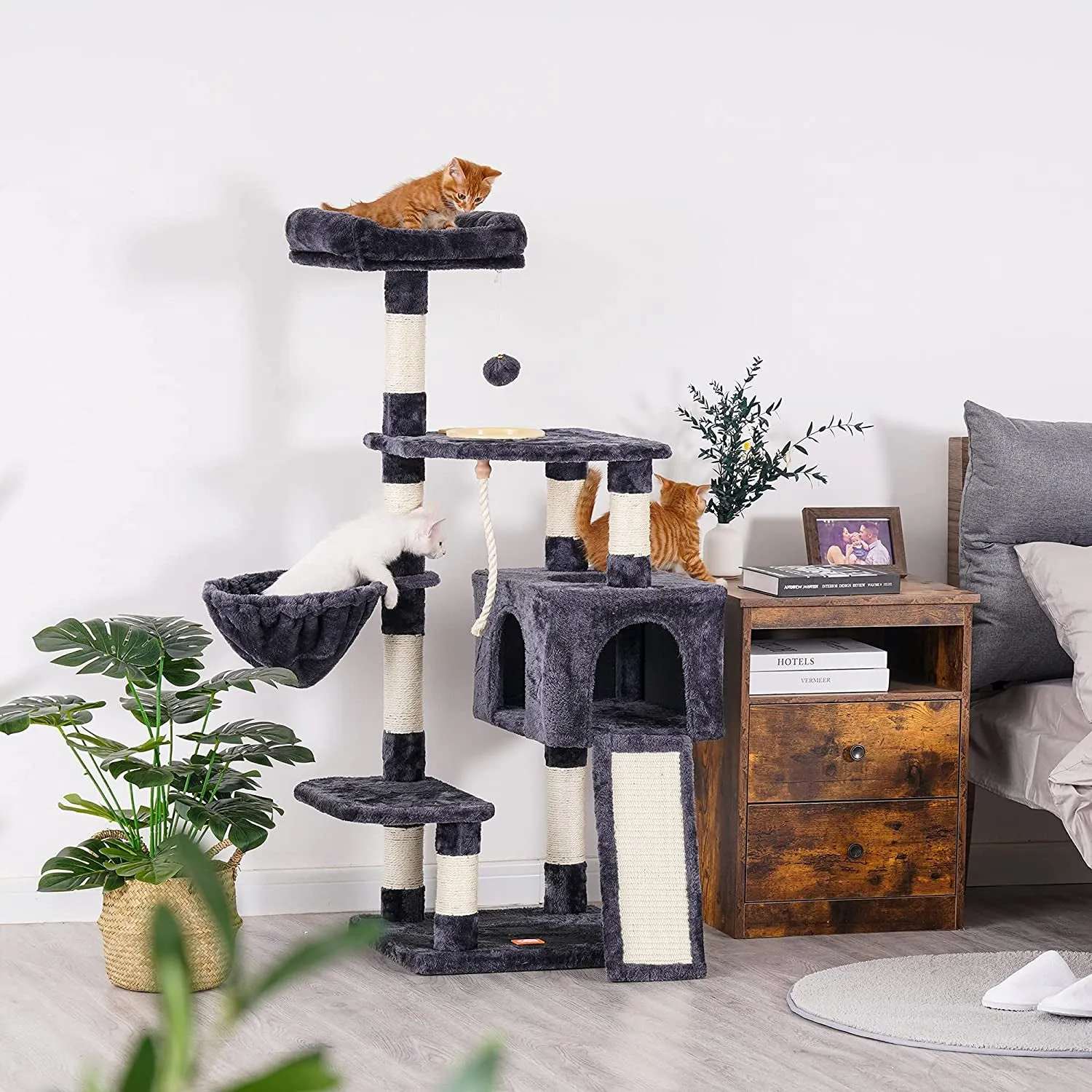 The Ultimate Cat Adventure Tree with Scratching Board, Multi-Level Cat Furniture Condo with Feeding Bowl