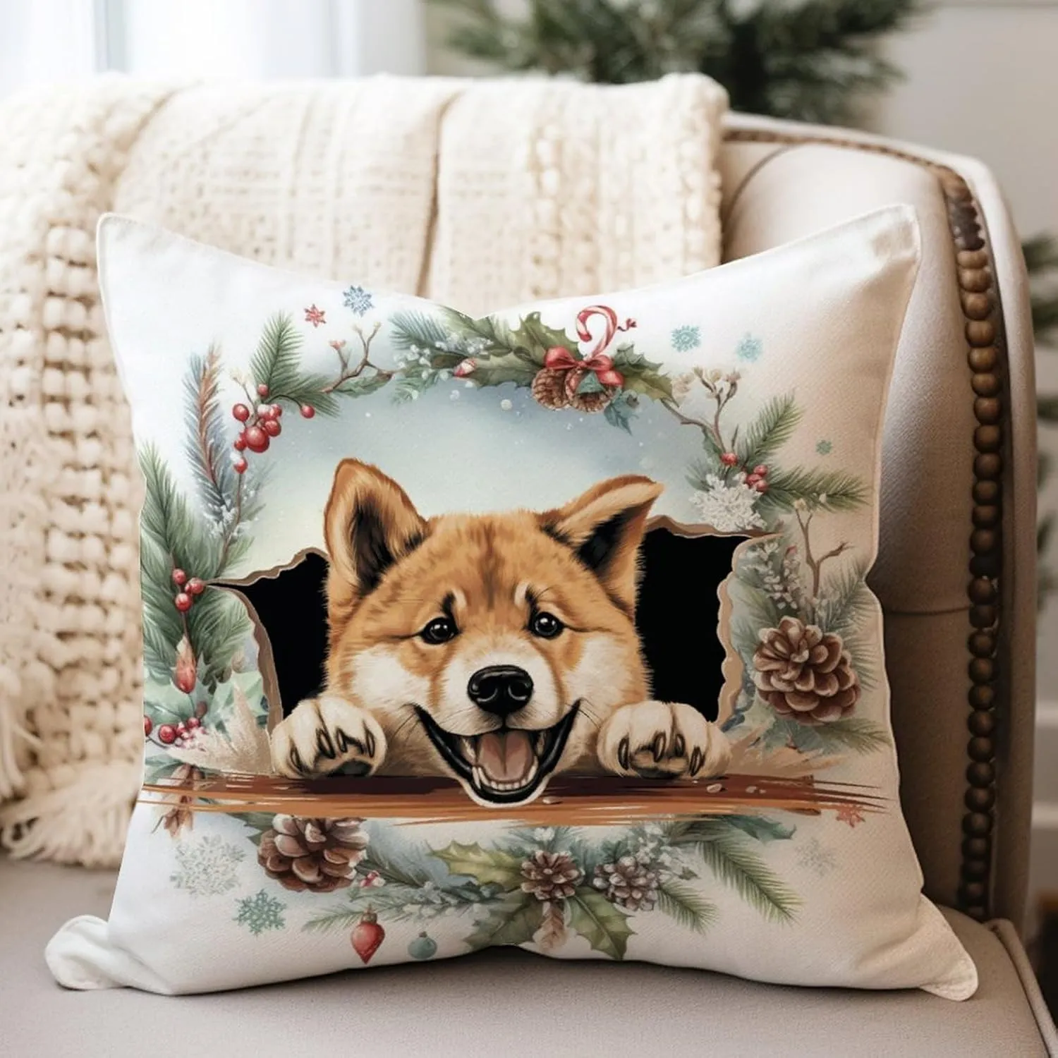 Throw Pillow Covers Akita Cushion Cover Akita Peeking Dog in Crack Toss Pillows Dog Mom Gift Pillow Covers for Home Sofa 26x26in New Home Housewarming Gift