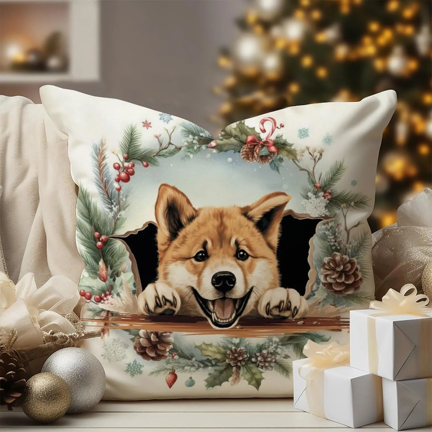 Throw Pillow Covers Akita Cushion Cover Akita Peeking Dog in Crack Toss Pillows Dog Mom Gift Pillow Covers for Home Sofa 26x26in New Home Housewarming Gift