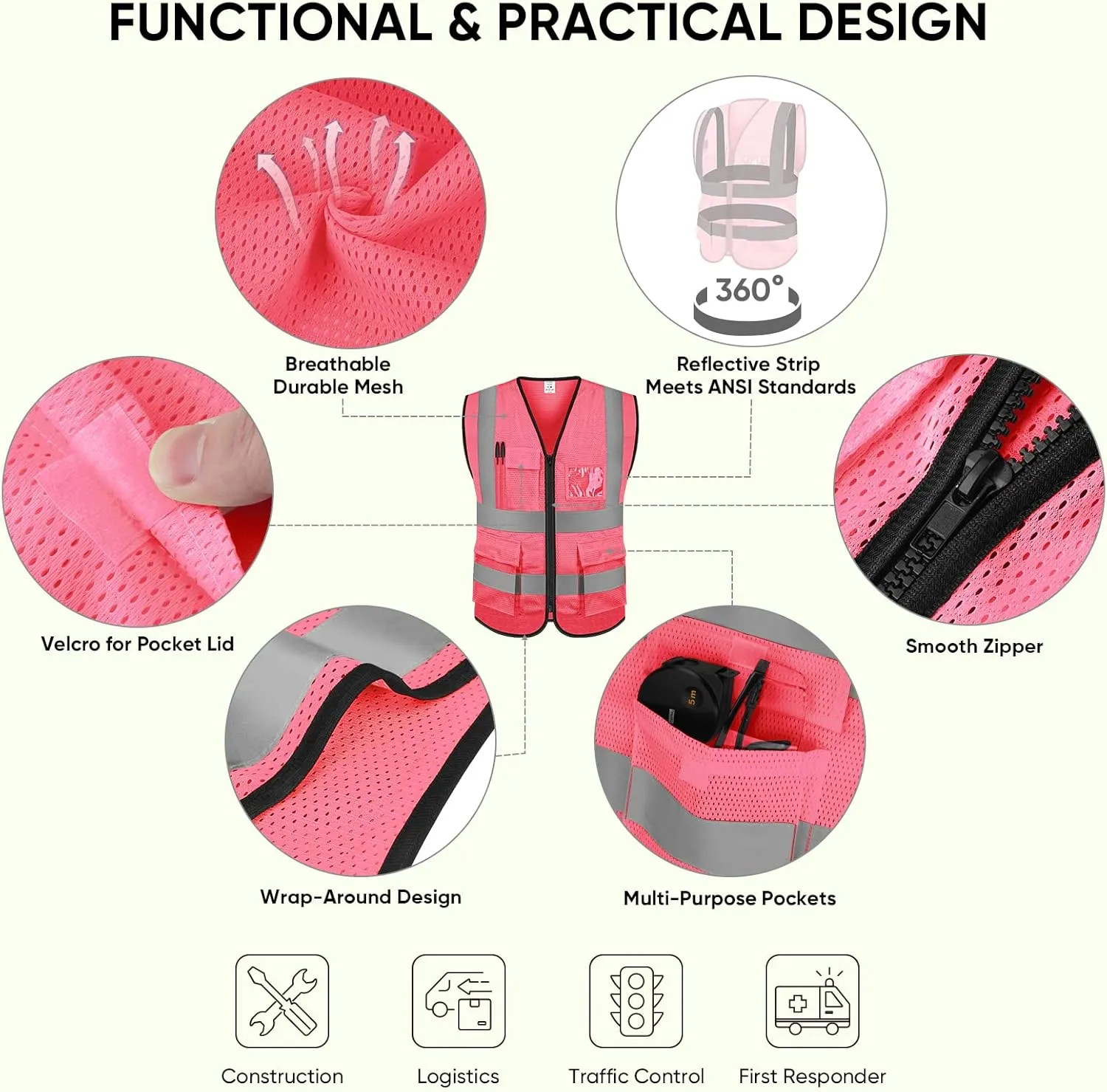 TICONN Reflective Safety Vest High Visibility Class II Mesh Vest for Women & Men Meets ANSI Standards