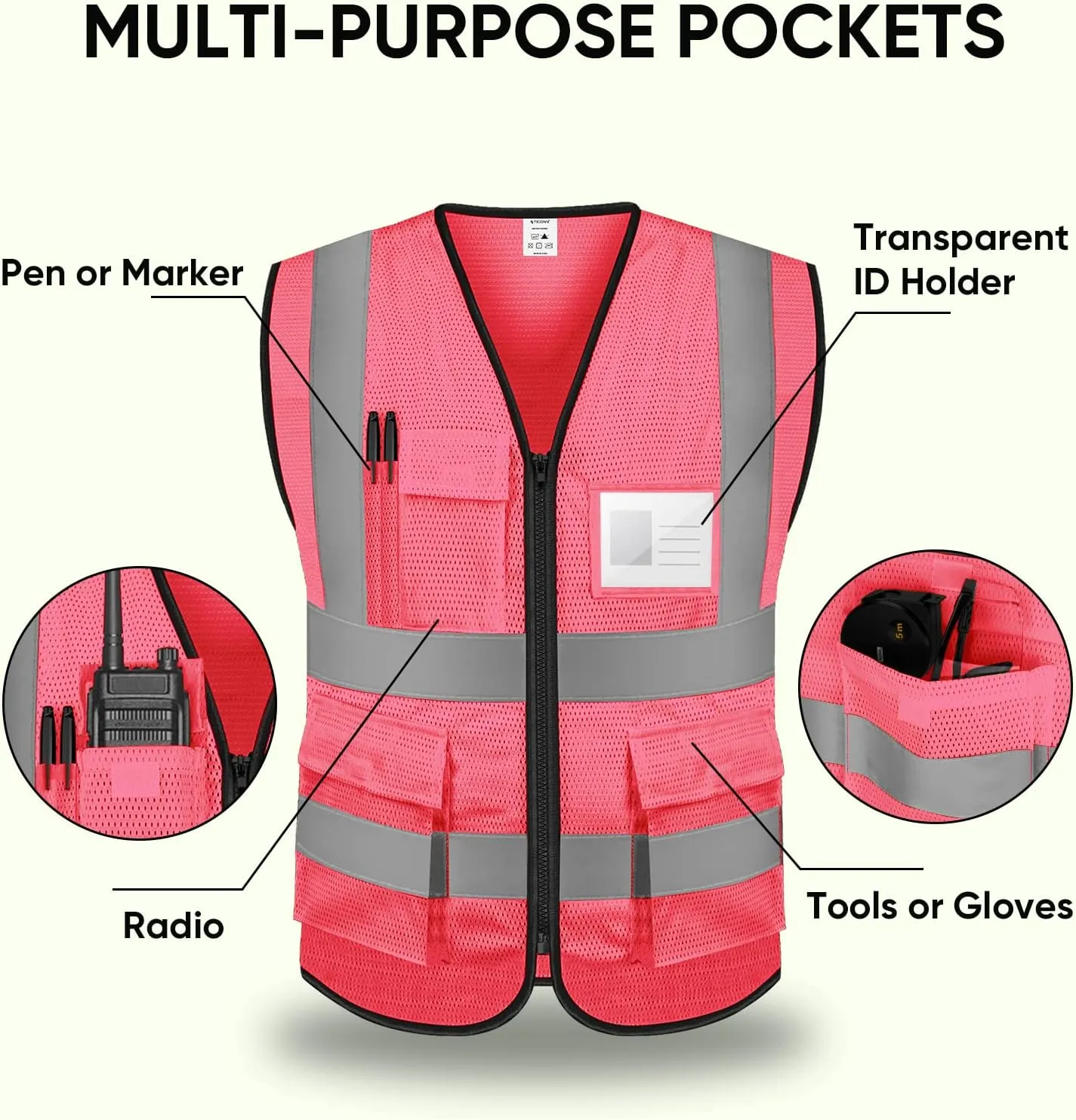 TICONN Reflective Safety Vest High Visibility Class II Mesh Vest for Women & Men Meets ANSI Standards