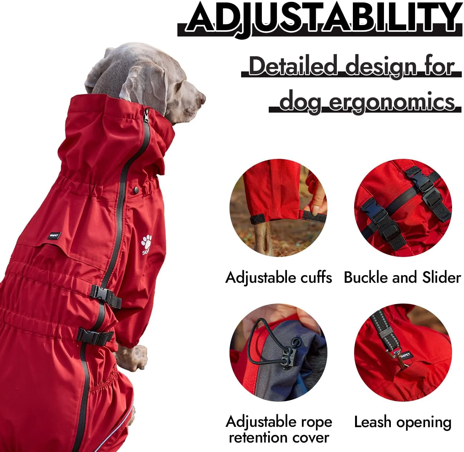 Waterproof Pet Raincoat, 4 Legs Design with Leash Hole and Reflective Strips, Lightweight Poncho for Small to Medium Dogs, Puppy Rain Jacket (Red, M)