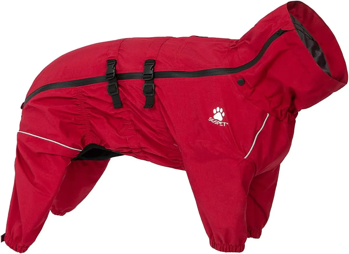 Waterproof Pet Raincoat, 4 Legs Design with Leash Hole and Reflective Strips, Lightweight Poncho for Small to Medium Dogs, Puppy Rain Jacket (Red, M)