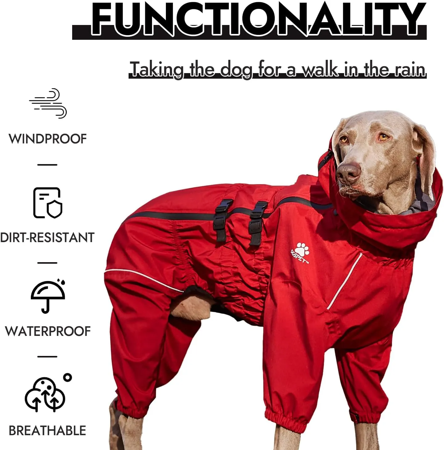 Waterproof Pet Raincoat, 4 Legs Design with Leash Hole and Reflective Strips, Lightweight Poncho for Small to Medium Dogs, Puppy Rain Jacket (Red, M)