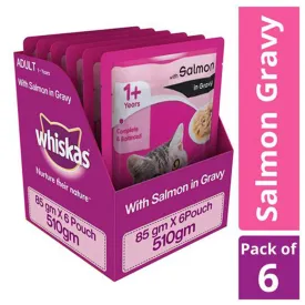 Whiskas Adult (1 Yrs ) Salmon in Gravy, Wet Cat Food 85 g (Pack of 6 Pouches)