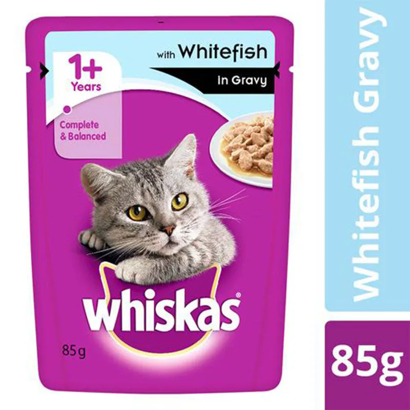 Whiskas Adult (1 Yrs ) Whitefish in Gravy, Wet Cat Food 85 g (Pack of 12 Pouches)