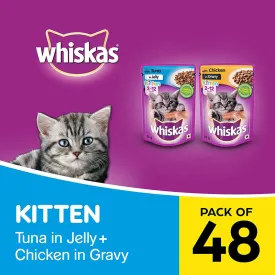 Whiskas Kitten (2-12 months) Wet Cat Food Combo - Tuna in Jelly, 85 g (24 Pouches)   Chicken in Gravy, 85 g (24 Pouches)