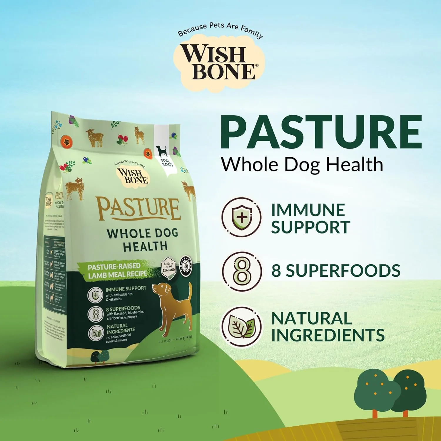 Wishbone Pasture New Zealand Lamb Dry Dog Food, Gluten-Free, Grain-Free Formula for Overall Pet Health - 4 lb