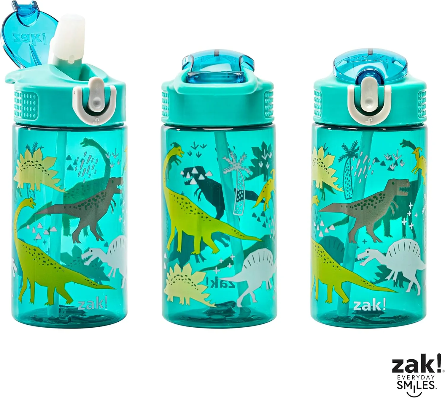 Zak Designs Kids Water Bottle For School or Travel, 16oz Durable Plastic Water Bottle With Straw, Handle, and Leak-Proof, Pop-Up Spout Cover (Dinosaur)